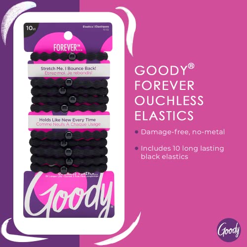 Goody Ouchless Forever Hair Elastics Pack of 10 - Black, Damage-Free, 3X Stronger, All Hair Types