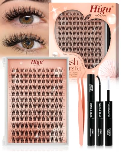 Higu Clace DIY Lash Clusters Kit D10 - 144pcs Natural C Curl Eyelash Extensions with Bond, Seal & Tweezers for Beginners