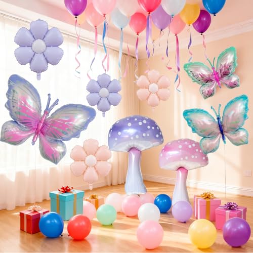 Butterfly, Mushroom & Daisy Balloons Set for Girls' Birthday Party