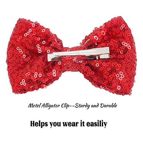12-Piece Red Sequin Cheer Bows for Girls - 4.7" Large Hair Clips