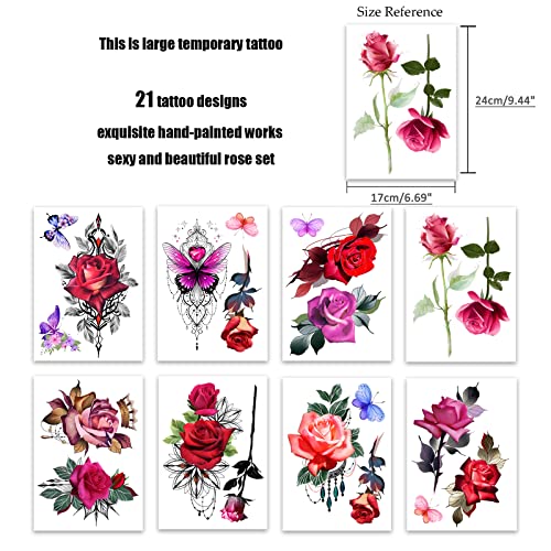 ROARHOWL Stunning rose flower temporary tattoos, large fake tattoos