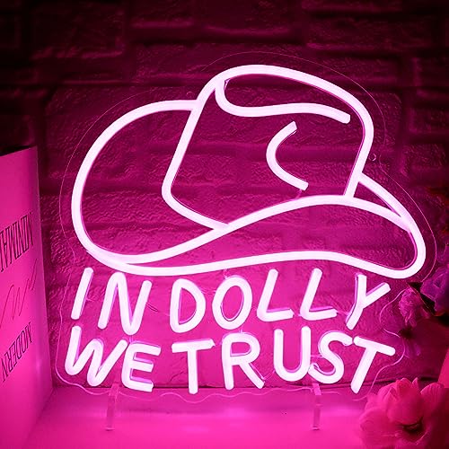 In Dolly We Trust Neon Sign - Pink Cowgirl Hat LED Wall Art