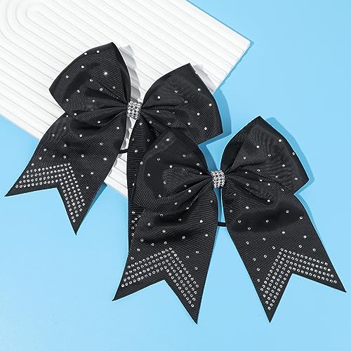 CEELGON 12 Pack Black Rhinestone Cheer Bows 7-Inch Ponytail Holders for Cheerleaders Girls Sports