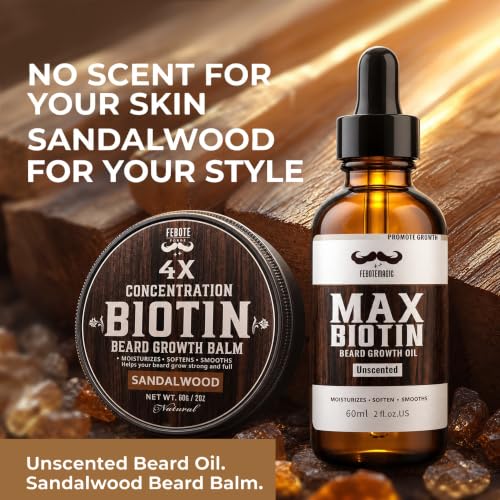 Biotin Beard Kit for Men – Sandalwood Balm & Unscented Oil Set