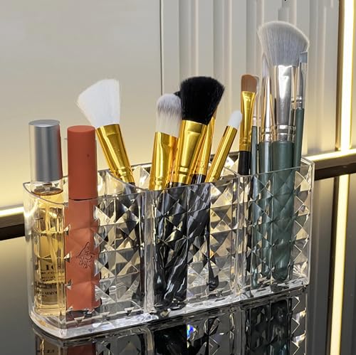 KNC Acrylic 3-Compartment Makeup Brush Holder Organizer