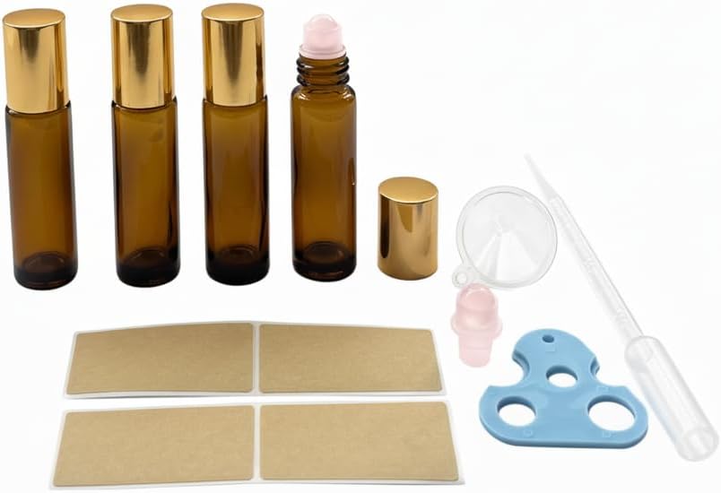 Roller Bottles with Natural Rose Quartz Balls - 10ml Refillable Amber Glass Essential Oil Kit | Leak-Proof for Travel & Aromatherapy