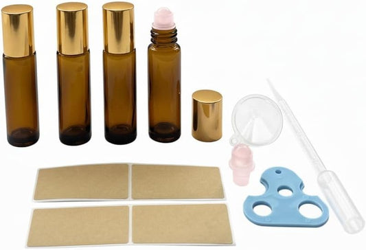 Roller Bottles with Natural Rose Quartz Balls - 10ml Refillable Amber Glass Essential Oil Kit | Leak-Proof for Travel & Aromatherapy