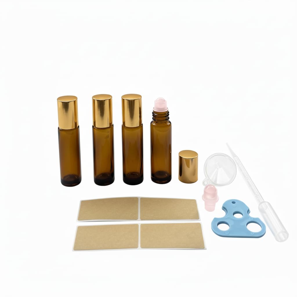 4 PACK Roller Bottles with Natural Rose Quartz Balls - 10ml Refillable Amber Glass Essential Oil Roll On Kit, Leak-Proof for Travel, Aromatherapy, DIY Perfume & Gifts (10ml Pink Glod Amber Bottles)