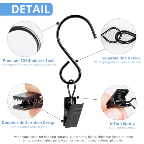 304 Stainless Steel S Hook Curtain Clips - 45 Pack, 3 Inch Black for String Lights & Party Decorations