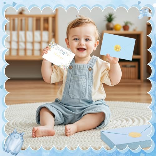 50 Pack Blue Baby Shower Thank You Cards with Envelopes