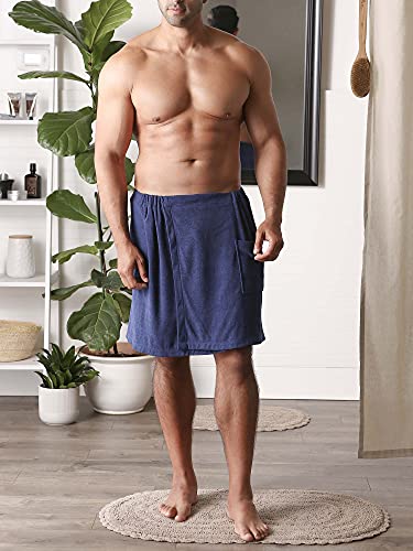 DII Men's Terry Shower Wrap Nautical Blue 54x20 with Adjustable Velcro & Pocket