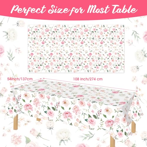 Ganeen 3 Pack Pink Floral Disposable Tablecloths, 54 x 108 Inch