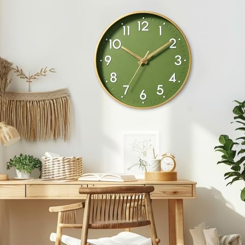 10 Inch Silent Wall Clock - Olive Green & Gold Modern Design