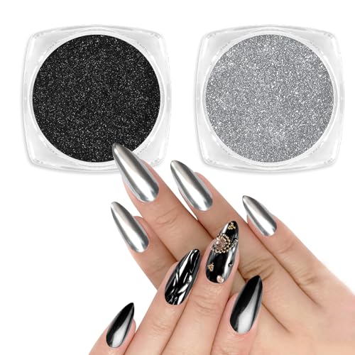Allstarry Chrome Nail Powder Set - 2pcs Black & Silver Mirror Effect
