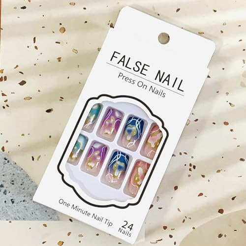 24Pcs Pink Gradient Press-On Nails Set - Medium Coffin with Gold Designs