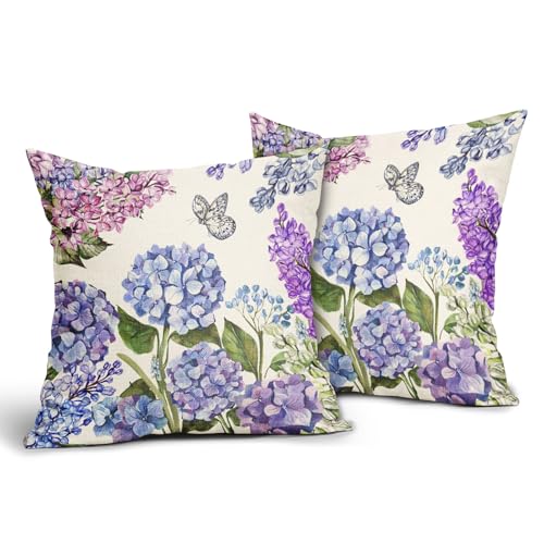Floral Pillow Covers 18x18 Inch Set of 2 - Purple Blue Butterfly Design