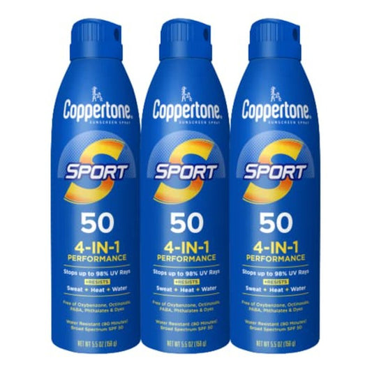 Coppertone Sport Sunscreen Spray SPF 50, Sweat, Heat and Water Resistant Sunblock, Lightweight, Oxybenzone Free, Spray Sunscreen Bulk Pack, 5.5 Oz Bottle, Pack of 3