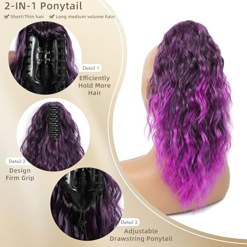 Ombre Purple 16 Inch Wavy Claw Clip Ponytail Extension for Long Hair