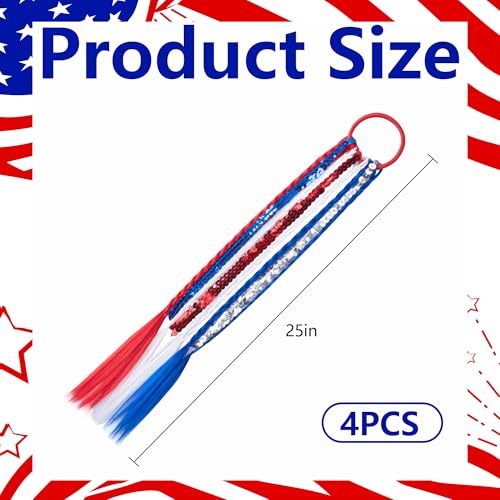4 Pack Patriotic 4th of July Ponytail Hair Extensions Red White Blue Elastic Hair Ties
