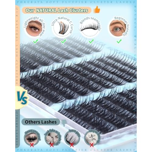 PHKERATA Wispy Lash Clusters Natural Eyelash Clusters Extensions C Curly Individual Lashes Clusters DIY Eyelash Extension with Wide Soft Thin Band,10-16MM,180Pcs