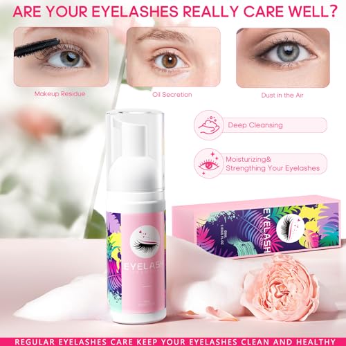 Buqikma Lash Cleaning Kit - Lash Shampoo Kit 60ML with Rechargeable Handheld Fan Dryer, Mascara Brush, Rinse Bottle, Makeup Cleansing Foam for Eyelash Extension Care, Pink