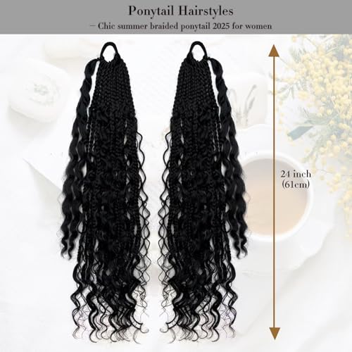 YOROSTAR 24 Inch Box Braid Ponytail Extensions (2pcs) - Natural Black