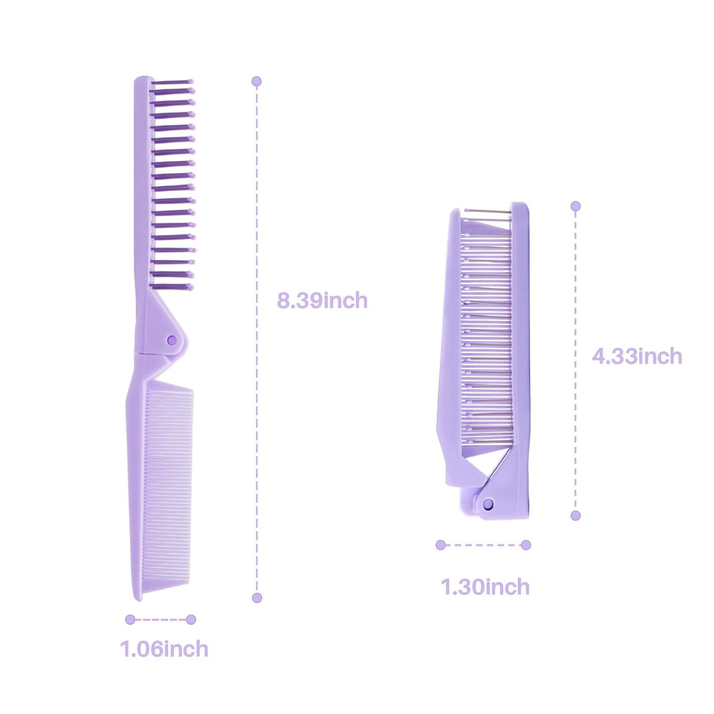 Double Head Folding Travel Hair Comb - Mini Pocket Detangling Brush for All Hair Types | Purple
