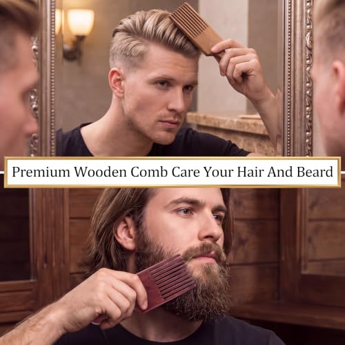 Patelai Wooden Beard Comb - 2 Pack Long Tooth Hair & Grooming Pick for Men & Women