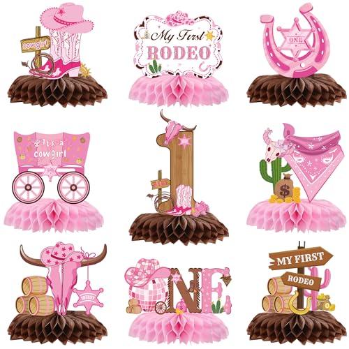 Pink Cowgirl Honeycomb Centerpieces - 9 Pcs for 1st Birthday Party