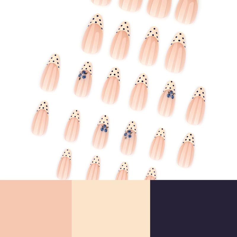 Almond Press on Nails Medium - Yellow French Tip Fake Nails with Polka Dots & Blueberry Design,Reusable Artificial Glue on Nails for Women Girls Spring Summer Manicure 24Pcs