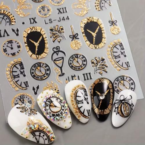 Christmas 6Pcs 3D Nail Stickers Set - Self-Adhesive Gold Glitter Clock & Countdown