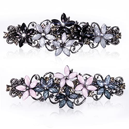 Elegant Rhinestone Hair Clips for Women - Pink & Dark Blue/Black & Gray Flowers