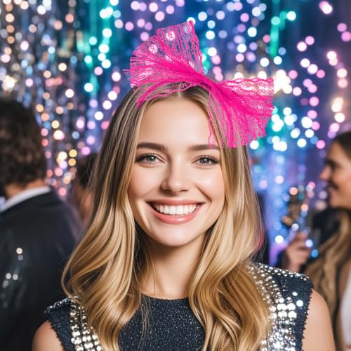 Rose Red Neon Lace Bow Headband for 80s Costume & Party Accessories