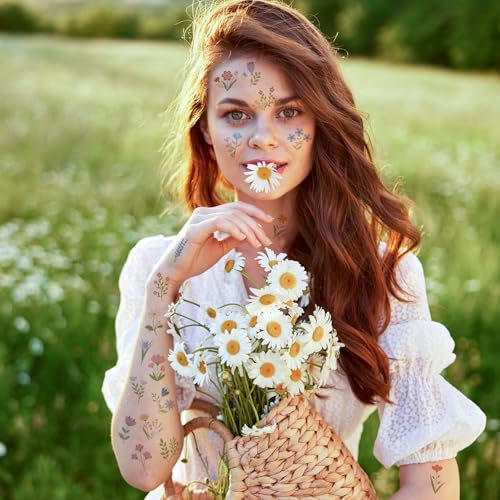 ANGOLIO 144P Flower Temporary Tattoos - Realistic Waterproof Floral Stickers for Body Art