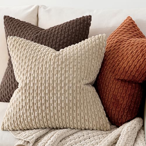 MIULEE 18x18 Decorative Corduroy Pillow Covers - Pack of 2, Dark Brown Striped for Modern Farmhouse Decor