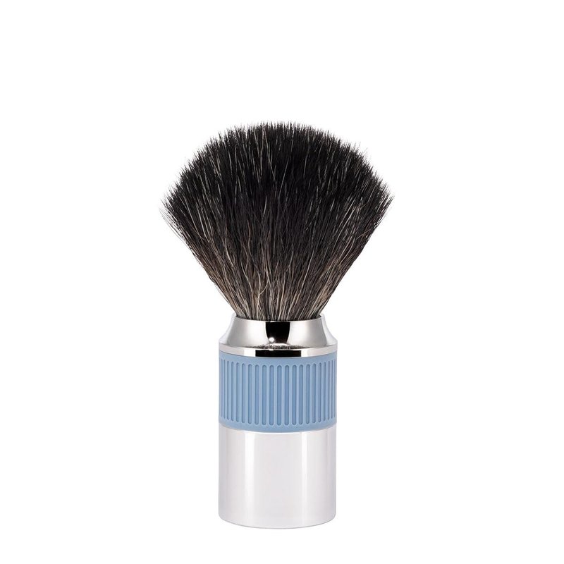 MÜHLE NEO shaving brush | Vegan Shave Brush for Shaving soaps and creams | sustainable eco-friendly and reusable |exfoliating shaving brush | chrome with glacier blue silicone grip handle