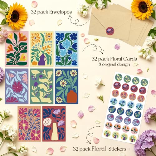 Miucat 32 Pack Floral Blank Greeting Cards with Envelopes - 8 Designs