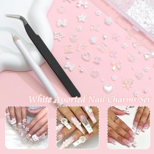 RODAKY White 3D Nail Charms Set with Bows Hearts Butterflies Assorted Decorations