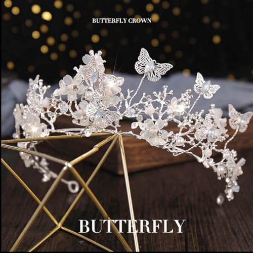 Silver Rhinestone Butterfly Crown Tiara for Women - Baroque Bridal Headpiece
