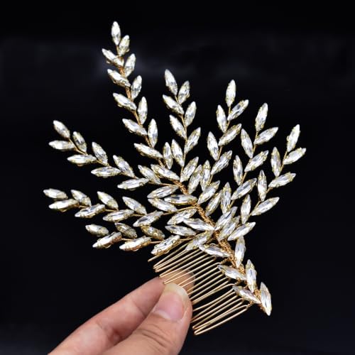 WONRLUA Handmade Gold Rhinestone Bridal Hair Piece with Comb