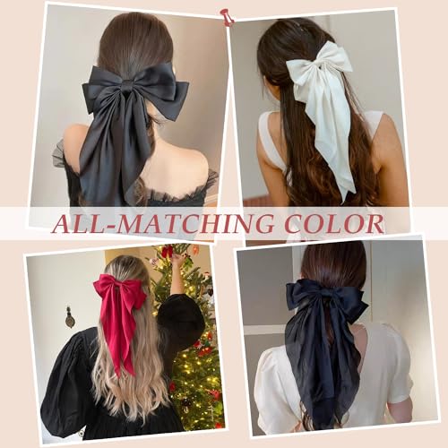 Black Satin Hair Bows & Clips Set for Women & Girls - 5 PCS, Non-Slip, Large Hair Accessories with Variation Colors