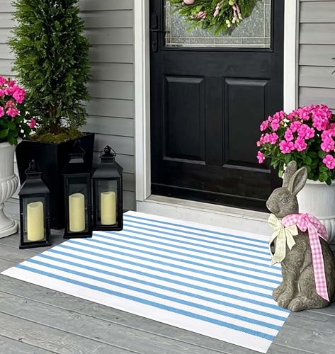 Hand-Woven Cotton Striped Front Door Mat 24"x35" - Washable Rug