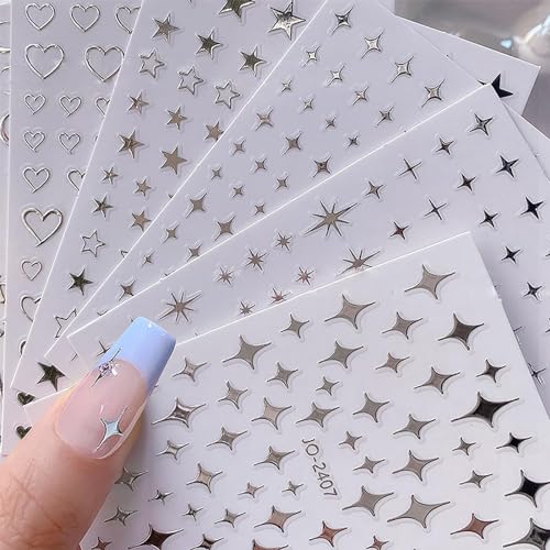 7 Sheets Metallic Silver Nail Stickers – 3D Star & Butterfly Designs