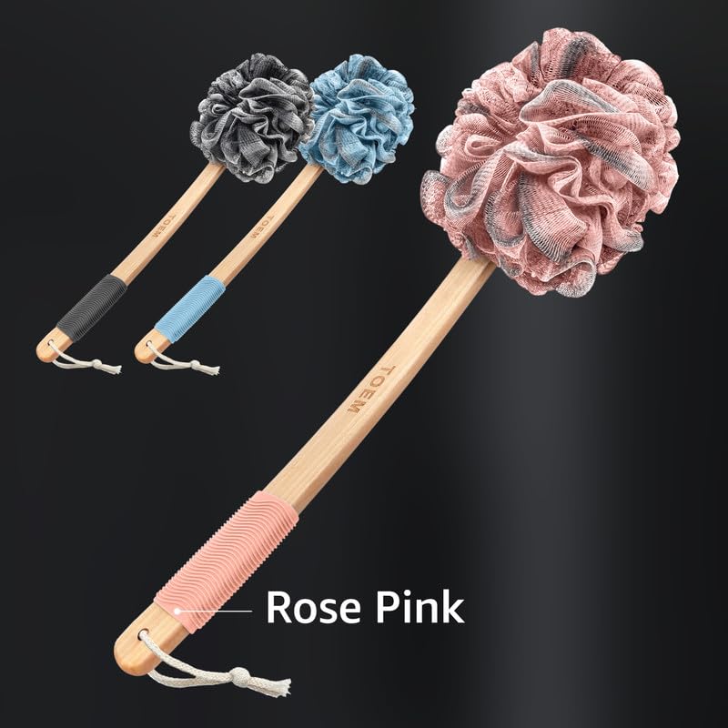 Toem Long Handle Back Scrubber and Loofah Set - Bamboo Charcoal Exfoliator