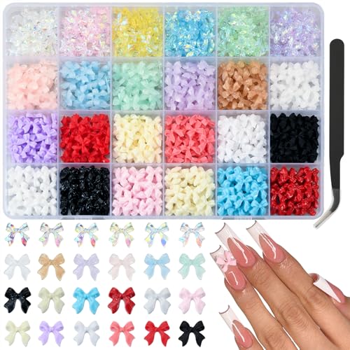 800 Pcs Bow Nail Charms Set - 4 Styles, 24 Colors with Tweezers