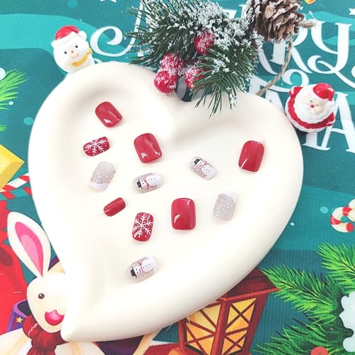 MAOTTIE Christmas Press On Nails Snowflake Glitter Snowman Short Square Fake Nails Red Xmas 24Pcs
