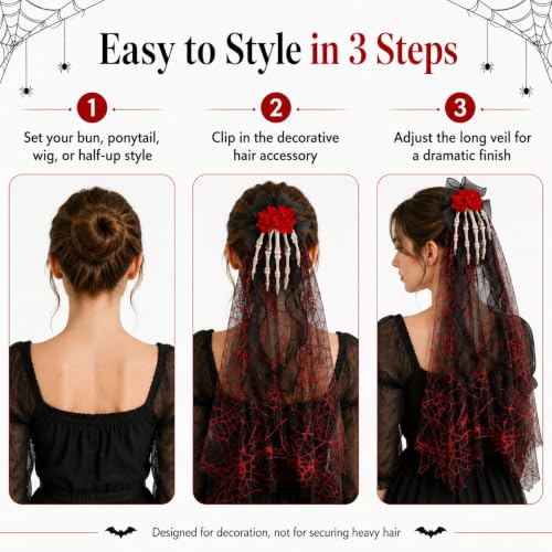 Gothic Skeleton Hand Hair Clip with Rose Veil - 25.2 in