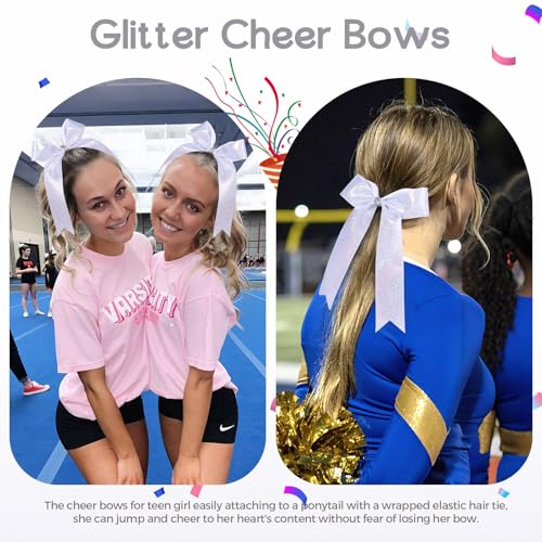 VOBOBE 12-Piece Glitter Cheer Bows - 6.3" Silver Long Tail Hair Ties