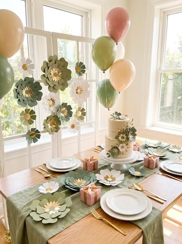 Dusty Green & White Paper Flower Set for Weddings & Nursery Decor - 12 Pack