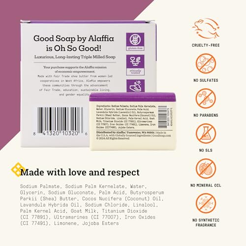 Alaffia Lavender Soap Bar Pack of 4 + Travel-Size 1.4 oz | Fair Trade Moisturizing